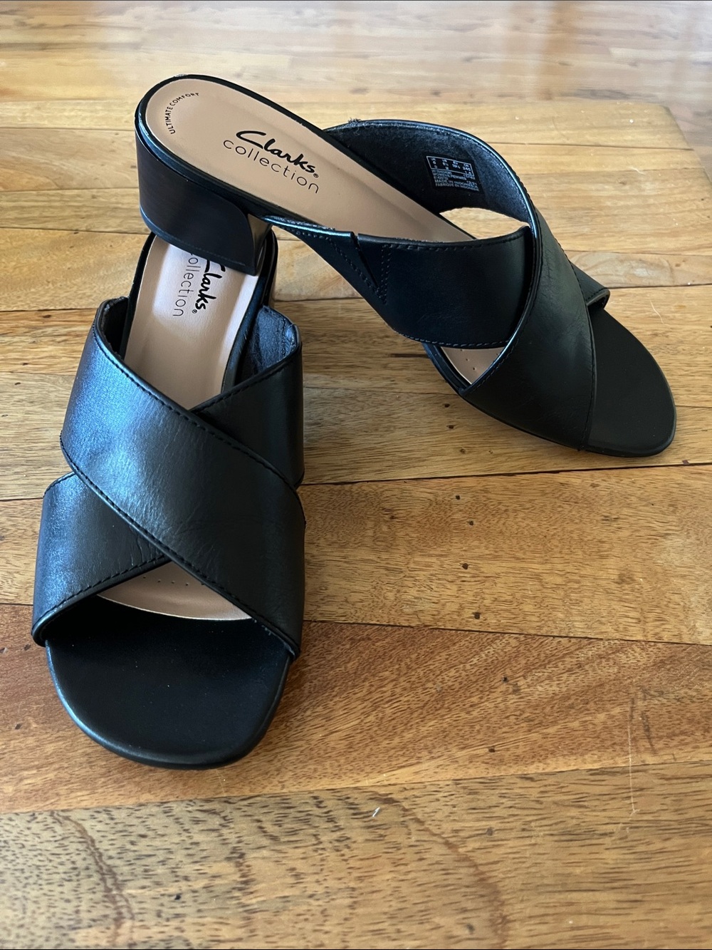 Clarks Black Leather Crossband Low Block Heel Mules